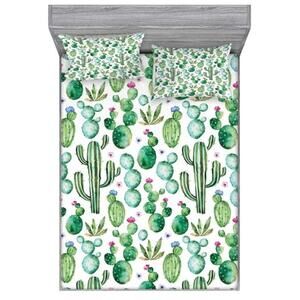 Ambesonne Full Size Fitted Sheet & Pillow Sham Set‎ with Mexican Cactus Plants